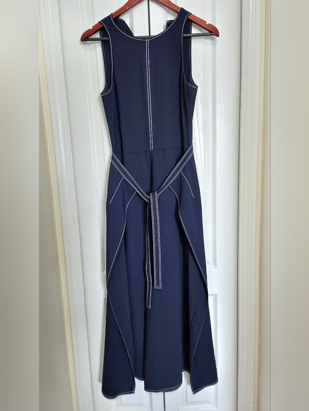 Joie Navy Blue Contrast Stitch Sleeveless Jumpsuit Tie Waist Women's Size 2. - Picture 5 of 16